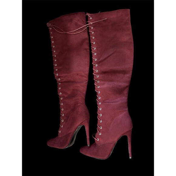JustFab Kinsey Thigh High Stiletto RED Suede Lace-Up Boots Sexy Size 10 US EC - Picture 1 of 7